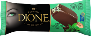 DIONE premium mint ice cream with chocolate chip dipped in thick dark Belgian chocolate